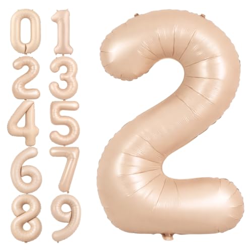 Image of WP WANNA PARTY 40 Inch Number 2 Balloons Retro Apricot Balloon For 2Nd Birthday Caramel Nude Foil Digit Birthdays, Anniversary Graduations Decorations 1 Piece