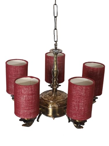 Image of Devansh 05 Lights Maroon Jute Round Shade with Antique Golden Chandelier
