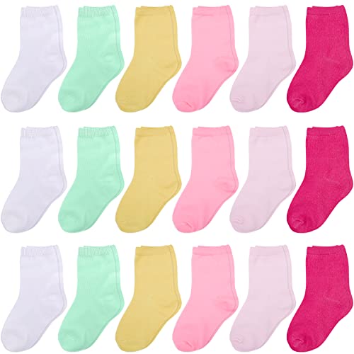 Duufin 18 Pairs Toddler Kids Socks Mid Cut Unisex Half Cushion Cotton Crew Socks for Toddler Boys Girls