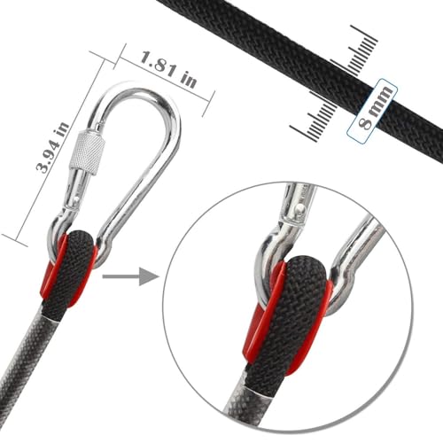 Image of ART IFACT 66 Feets of 8mm Outdoor Safety Rope with Screw Lock Carabiner - Heavy Duty Static Utility Rope for Camping, Rescue, Emergency Escape & Tree Work (Black)