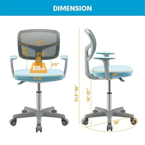 Image of Pemberly Row Kids Study Chair, Adjustable Height 31.5-36 in, Blue Mesh Backrest, Padded Armrests, Swivel Seat, Auto Brake Casters, Ergonomic Design for Children Study Room