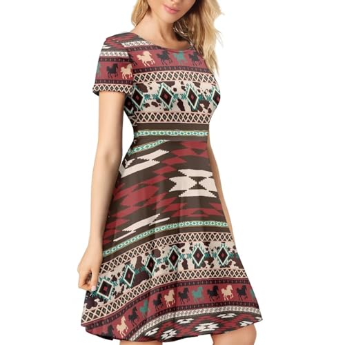 Image of HUGS IDEA Womens Puffy Swing Midi Dress Round Neck Short Sleeve Party A-Line Dresses