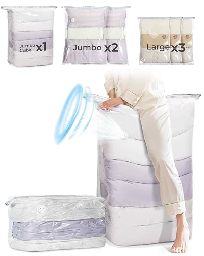 BAGSMART Vacuum Seal Storage Bags for Clothing, 6 Pack Space Saver Bags, 80% Compression Bags for Comforters, Blankets, Bedding, Clothes Storage (1 Jumbo Cube+2 Jumbo+3 Large)
