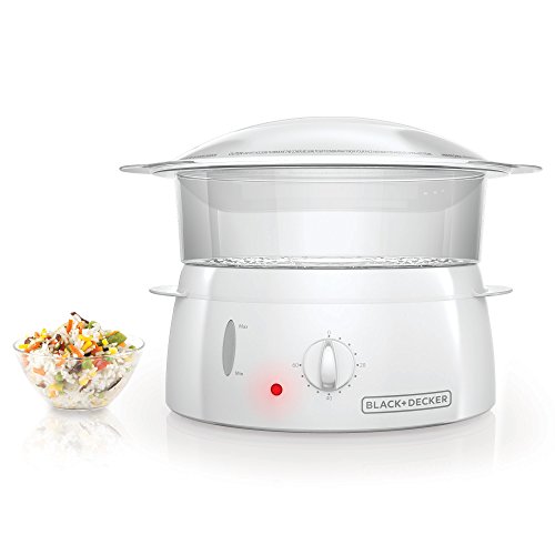 BLACK+DECKER Food Steamer, Vegetable Steamer, Built-in Egg Holder, BPA Free and Dishwasher Safe Parts, White, 1 Tier, HS2241WD