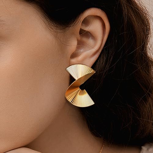 FIBO STEEL 14K Gold Plated Chunky Gold Statement Earrings for Women S925 Sterling Silver Post Big Exaggerated Geometric Round Long Twisted Link Knot Trendy Drop Dangle Earrings Jewelry4