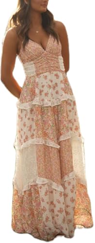Women Y2k Floral Smocked Maxi Dress Bow Tie Shoulder Tiered Ruffl...