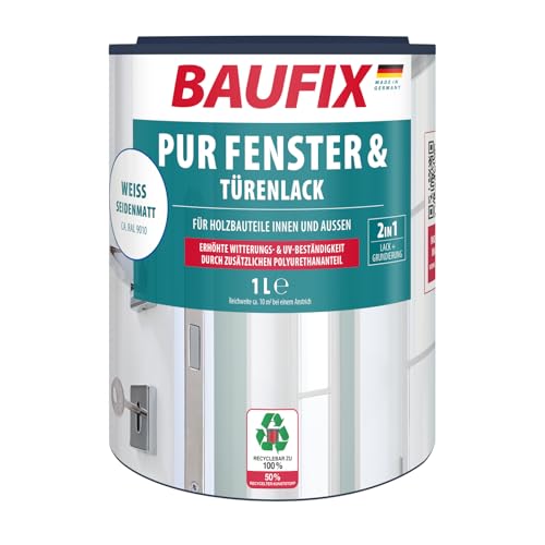 BAUFIX PUR Fenster- & Türenlack weiss, seidenmatt, 1 Liter, Weißlack, PU Fensterlack, elastisch, hohe Haltbarkeit, kein Abblättern BAUFIX PUR Fenster- & Türenlack weiss, seidenmatt, 1 Liter, Weißlack, PU Fensterlack, elastisch, hohe Haltbarkeit, kein Abblättern