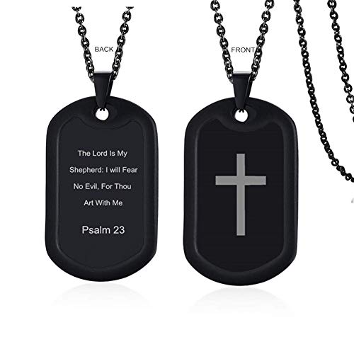 LiFashion Bible Verse Necklace for Men Women Psalm 23 Stainless Steel Black Bible Scripure Quote Dogtags Christian Cross Pendant Necklaces with Silicone Silencer for Baptism Gift