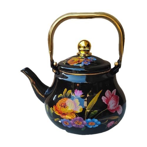 Tetera vintage de esmalte floral, color negro, de acero esmaltado, con asa dorada para el hogar y la oficina.(2.5L)