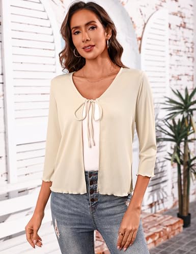 Image of Aiboria Women's Tie Front Shrug 3 /4 Sleeve Ribbed Bolero Lightweight Cropped Cardigan S-XXL