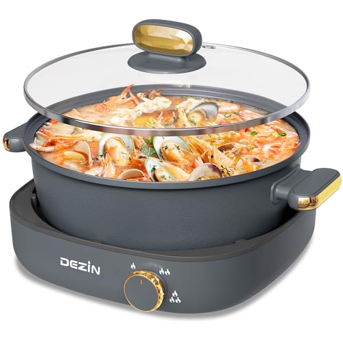 Dezin Electric Shabu Shabu Pot with Removable Pot, 4L Non-Stick Hot Pot Electric with Dual-Power Control, Electric Pot with Tempered Glass Lid for Party, Family and Friend Gathering