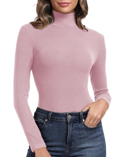 PALINDA Women's Ribbed Turtleneck Fitted Long Sleeve Shirts Basic Thermal Layering Tops(Pink M)