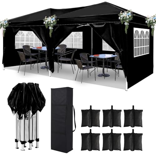 DOINUO 10x20 Black Pop Up Canopy Outdoor Party Tent with 6 Sidewalls, Wedding Party Tent Outdoor Waterproof UV50 Canopy Event Shelter Tents for Parties, 6 pcs Weight Bag,Carry Bag