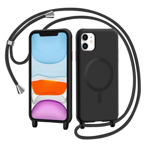 AOMYKE Handyband für iPhone 11 Hülle mit Band Magnetisch Handyhülle kompatibel mit Magsafe zum Umhängen Schutzhülle mit Kette Kordel Weich TPU Liquid Silikon CaseSchwarz
