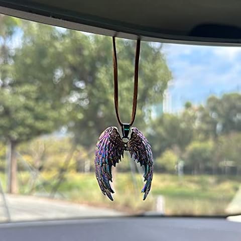 Angel Wings Multi-Colored Rainbow Titanium Finish Pendant for Car Interior Rearview Mirror, Car Hanging Angels Wing Charm Ornament, Pentagram Car Accessories Cover