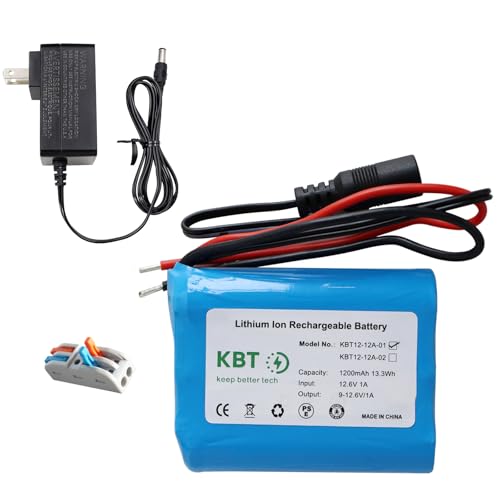 KBT 12V 1200mAh Rechargeable Li-ion Battery Bare Leads Wire Replacement Battery Pack with Charger Compatible for 12V Devices RC Car Boat Robot DIY LED Light Kit