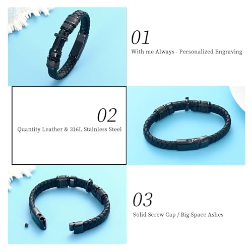 Oinsi Mens Double-Band Black Braided Leather Bangle Bracelets Cremation Jewelry for Ashes Wristband Memorial Urn Bangle with Cross Charm3