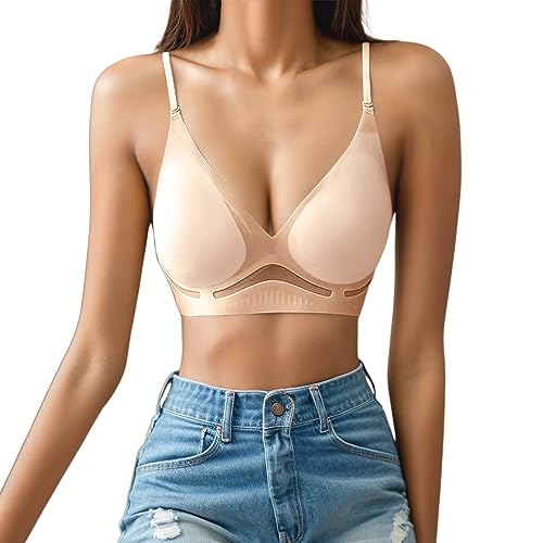 Generisch Sujetador 2025 para mujer con hebilla lateral frontal, borde de encaje, sin anillo de acero, movimiento, fruncido sin costuras, ajuste, yoga, dormir, sujetador grande, beige, S