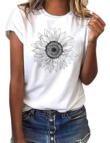heekpek Camiseta Manga Corta Mujer Blanca Basicas T-Shirt Mujer Algodon Casual Cuello Redondo Camiseta de Verano con Estampado, Girasol Negro, L