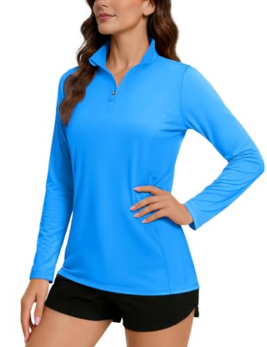 TACVASEN Women's Quarter Zip Pullover Golf Shirt Sun Shirts UV Protection Active Long Sleeve Tops Azure, M