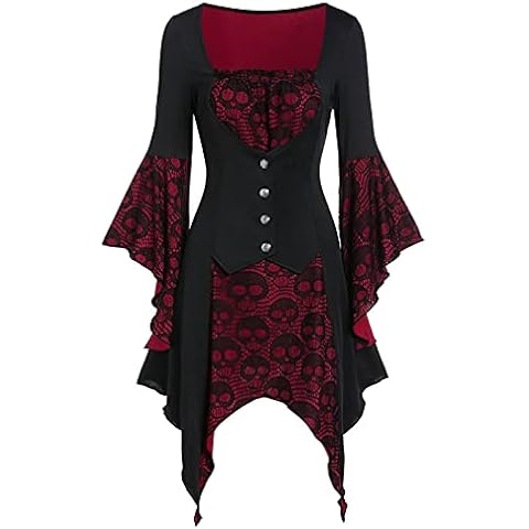 Ydsxlp Medieval Dress Women's Gothic Halloween Steampunk Dresses Ball Gown Grid A-Line Swing Party Dresses Lace Up Carnival Party Costume with Flare Sleeves Cosplay Party Dress, red, M Cover