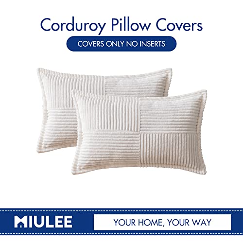 Image of MIULEE Decorative Lumbar Throw Pillow Covers for Couch Bed Livingroom 12x20 Inch Set of 2 White Boho Accent Throw Pllows Broadside Striped Patchwork Soft Corduroy Pillowcases