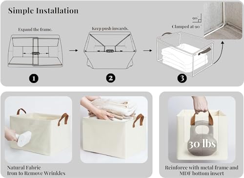 Image of HomeCloud Foldable Cloth Basket for Storage with Metal Frame and Handles, Clothes Organizer for Wardrobe, Clothing Storage Solutions, (Beige, Pack Of 2)