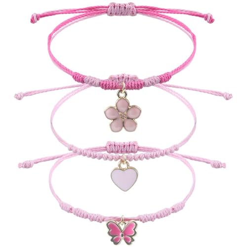 SULIUDAJI Lot de 3 bracelets de l'amitié pour fille - Bracelet tressé réglable - Bracelet fleurs coeurs papillons pour filles - Cadeaux et pochettes de...