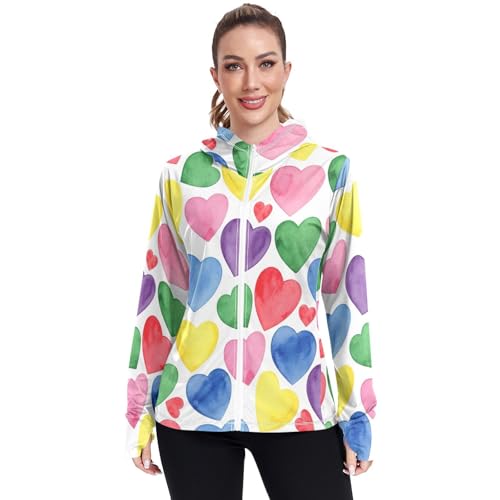 Camiseta de protección solar para mujer con capucha blanca y diseño acuarela