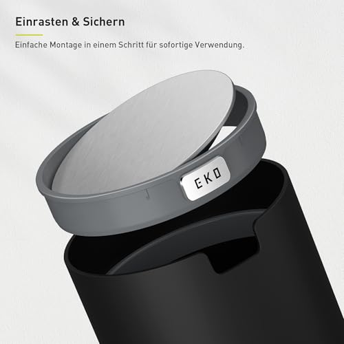 EKO Fandy Mini Tischmülleimer mit Schwingdeckel, 2,2 L Kosmetikeimer, Schreibtisch-Mülleimer für Badezimmer, Arbeitsplatte, Schminktisch oder Büro, kleiner Abfalleimer mit Edelstahl-Sockel, Schwarz