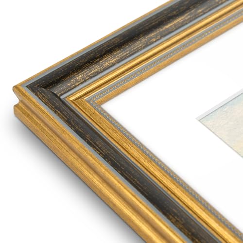Image of Golden State Art,9x12 Ornate Picture Frame Holds 6x8 Photo,Black Gold | Includes real glass front,white mat,build-in hangers and buttons.Displays 6x8 photo on wall