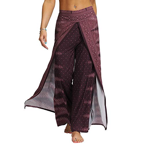 Nuofengkudu Damen Sommerhose Hippie Lange Hosen mit Schlitz Lockere Weites Bein Palazzo Bunt Flowy Yogahose Luftige Elegant Leicht Freizeit Sommer Strand Urlaub(Violett,Größe M,Etikett S/M)