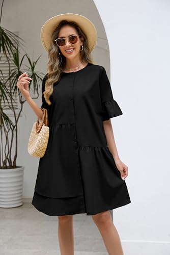Choichic Button Down Shirt Dresses for Women with Pockets Flare Bell Sleeve A-Line Midi Tunic Dress4