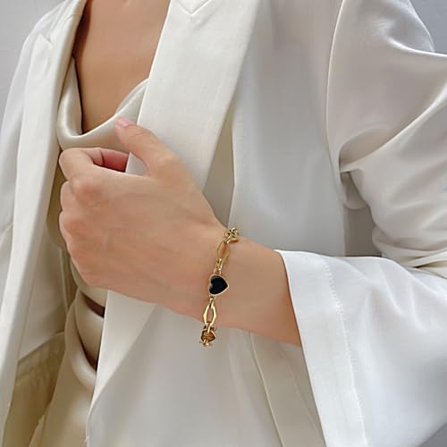Image of Fashion Stainless Steel Enamel Heart Link Chain Bracelet(Gold)