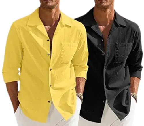 Image of Combo of Men's Casual Cotton Blend Shirt || Long Sleeve Button Down with Spread Collar | Lightweight Breathable Fabric | Stylish Solid Shirt for Beach, Office & Everyday Wear Pack of 2