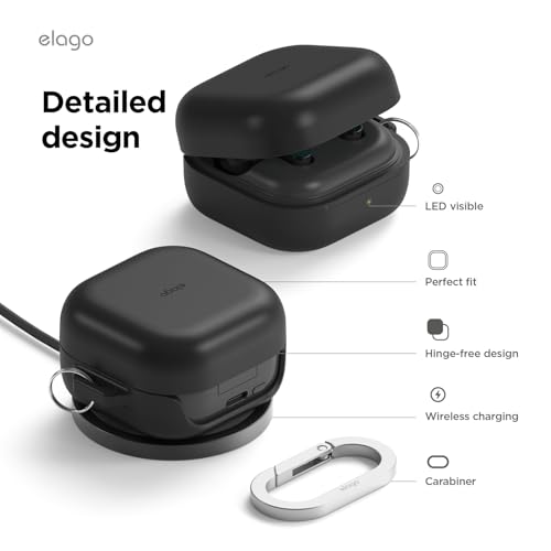 Image of elago Premium Silicone Case with Carabiner, Compatible with Samsung Galaxy Buds 4 Pro Case & Galaxy Buds 4 Case, Full Protection, Wireless Charging, Headphone Accessories, for Men, Women (Black)