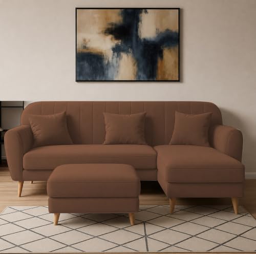 Image of Atticus RHS 4 Seater L Shape Sofa Set with Ottoman for Living Room (Brown Fabric) Premium Fabric Sofa Set
