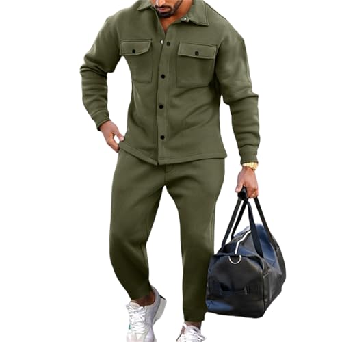Athleisure 2-Piece Suede Set, Mens Sweatsuits 2 Piece Outfits, Men Shirt Jacket Jogging Pants 2 Pieces Loose Casual Suits