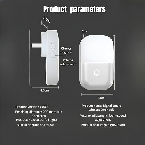Image of Ash & Roh Digital Smart Wireless Door Bell Waterproof with Receivers 200m Range Colorful Lights Easy Plug & Play Installation Perfect for House, Villa, Office & Shops (Silver One Bell One Receivers)