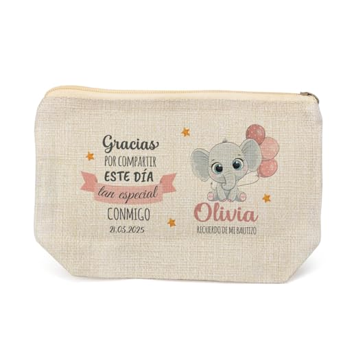 Pack de 12 Neceser Personalizado,Neceser de Algodón y Yute, 16x21cm, Detalle Original, Detalles Invitados, Detalles Personalizados Bautizo, Regalos Bautizo, Regalantes (Modelo 4 Elefante Niña)