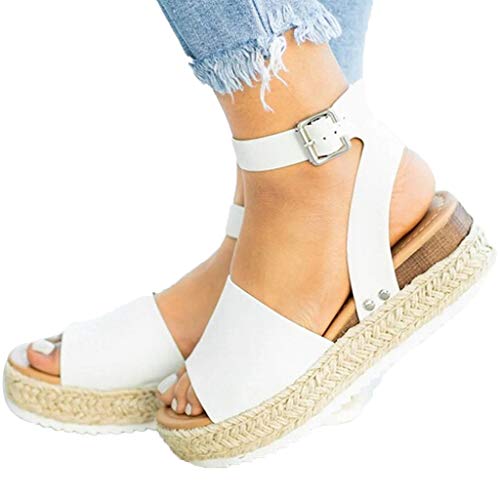 Shakumy Women Casual Espadrilles Trim Flatform Studded Wedge Sandals Summer Open Toe Ankle Strap Platform Sandals Shoes White