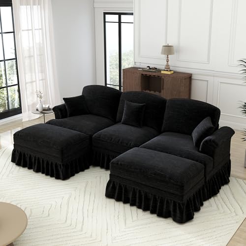 Yihomfy Canapé d'angle modulable en U, canapé Convertible 3 Places avec 2 Repose-Pieds Amovibles et Jupe à Volants, Assise Profonde, Tissu Chenille, canapé...