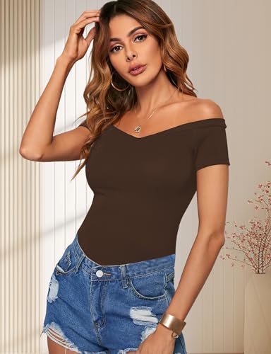 Image of Sarin Mathews Womens Shirts Off The Shoulder Tops Sexy V Neck Slim Fit Shirts Tops Blouses
