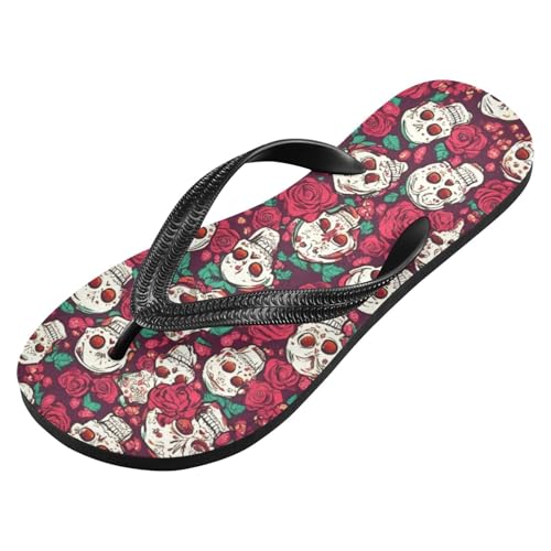 Women Beach Summer Casual Flip Flop Gothic Skull Red FlowerQuick Dry Sandals Slipper for Men 214B8481