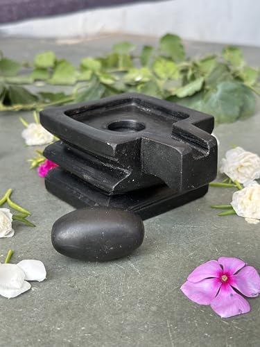 Image of Shivam VASTU AKAL 1.5 inch Original Narmadeshwar Narmada Shivling with 3 inch Narmada Stone Yoni Base Jaladhari (Black Shivling, Black Square Jaladhari)