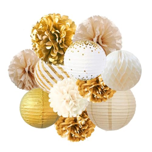 ZYYRSS White and Gold Party Decoration Kit, 11PCS Paper Lanterns Flowers Pom Pom for Birthday Engagement Wedding Bridal Shower Bachelorette Party Decor Supplies (Gold)