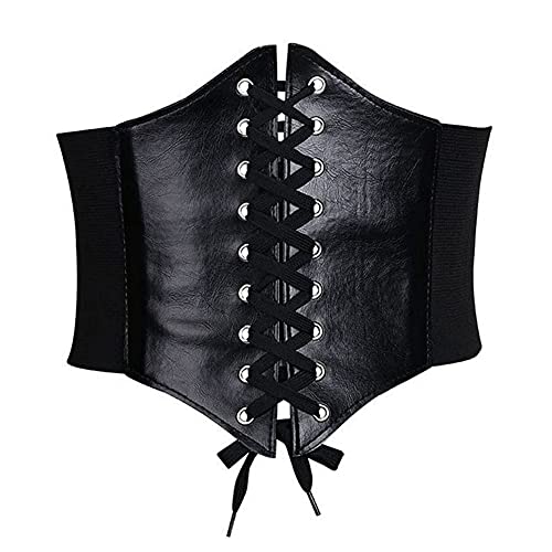 Cinturón corsé de piel con cordones para mujer, cintura elástica ancha anudada en la cintura para vestidos de mujer (negro), M, Negro , medium