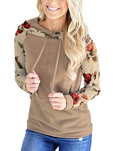 TEMOFON Womens Floral Hoodies Long Sleeve Drawstring Casual Sweatshirts Pullover Tops with Pockets Khaki XL
