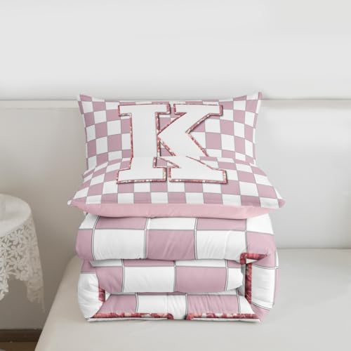 Image of Erosebridal Pink Initial K Kids Comforter Sets Kawaii Plaid Checkered Queen Bedding Set for Girls Teen Women Cute Personalized Monogram Comforter Set,Fashion Grids Gingham Quilt Duvet 3 Pcs