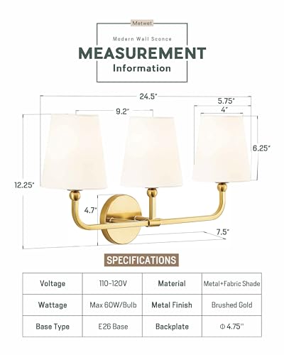 Image of Bathroom Light Fixtures, Brushed Gold Vanity Lights with Flared White Fabric Shade, 3 Light Wall Sconce, Modern Sconces Wall Lighting for Hallway Bedroom, VL837-BG-3